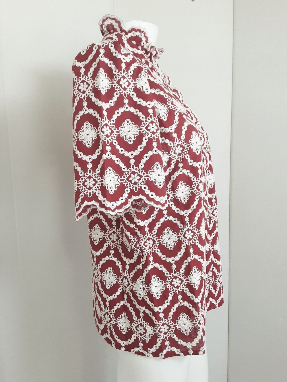 Sézane Dalhia Embroidered Burgundy|Cream Short Sleeve Shirt Blouse Sz 36 NWT - Picture 4 of 9
